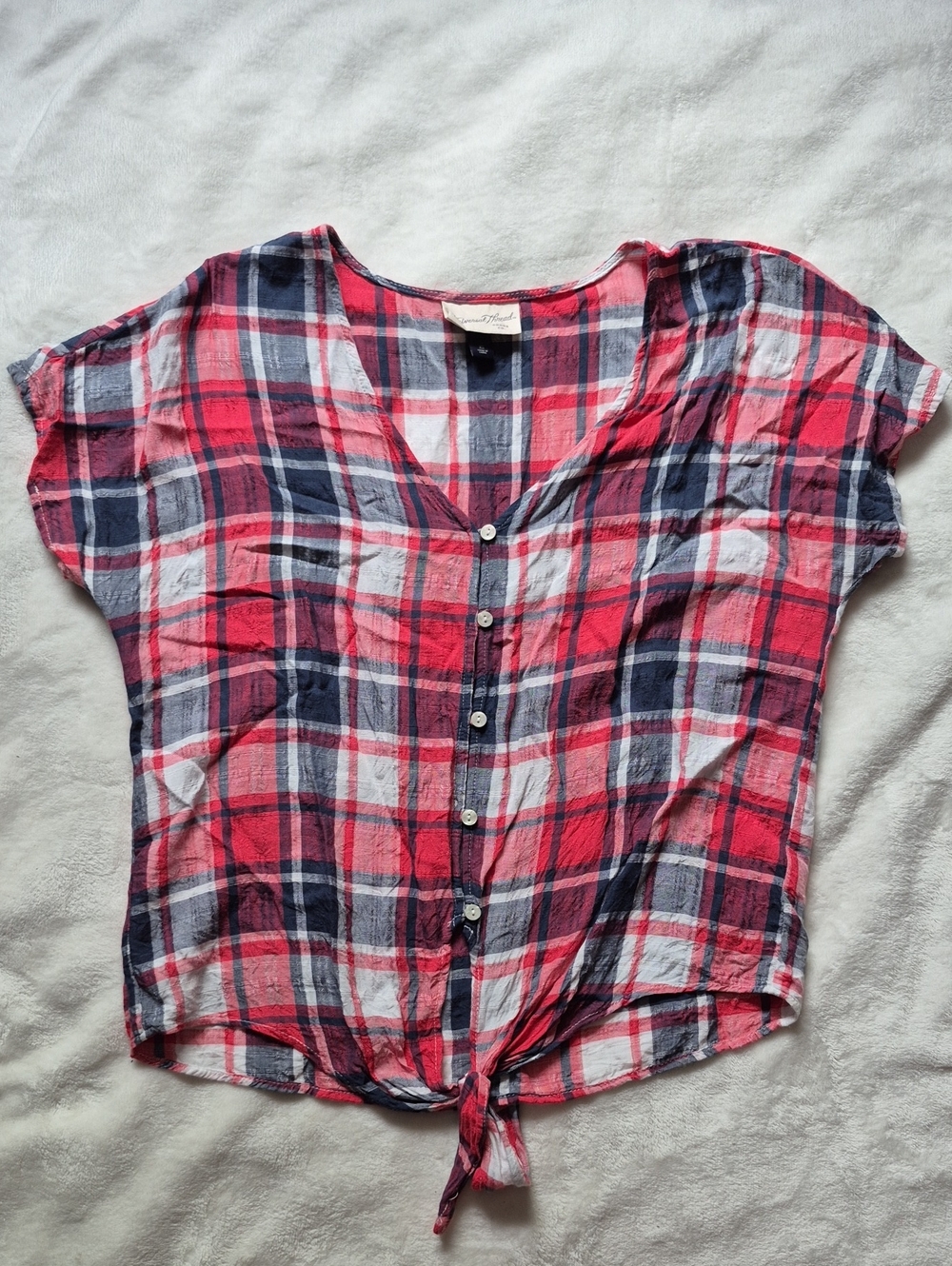 Universal Thread Red, Navy & White Plaid Button-Front Top